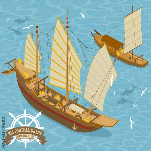 Historical Chinese sail ships vector illustration in isometric perspective