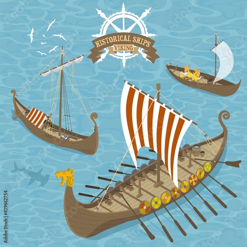 Historical Viking sail ships vector illustration in isometric perspective