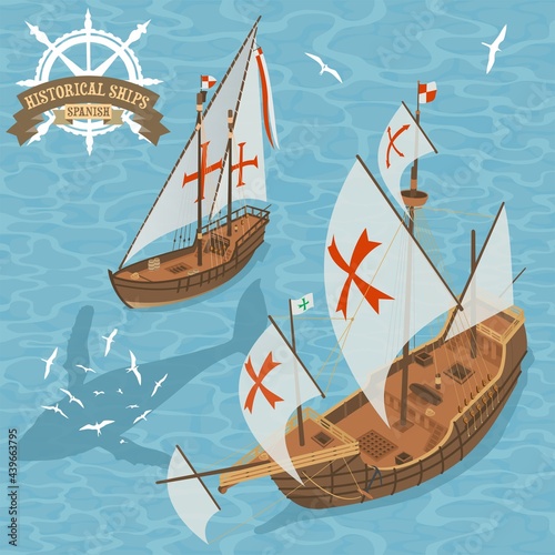 Historical Spanish sail ships vector illustration in isometric perspective