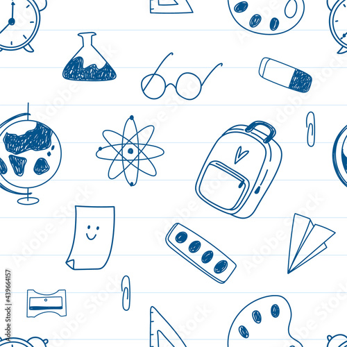 Back to school seamless vector pattern for textile fabric design, wrapping paper and website wallpapers. Funny seamless pattern with school supplies and creative elements. Pen sketch background.
