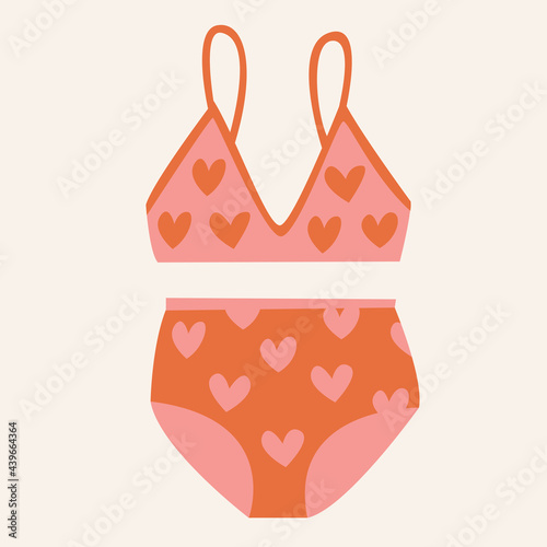  women's underwears and swimsuits of different styles, cuts, colors, sizes. Women's clothing store. Vector flat illustration in cartoon style.