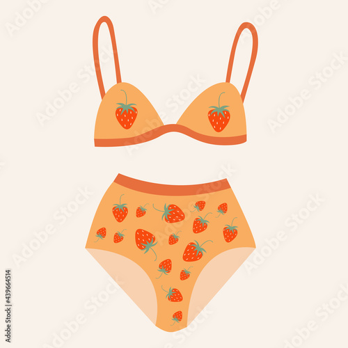  women's underwears and swimsuits of different styles, cuts, colors, sizes. Women's clothing store. Vector flat illustration in cartoon style.