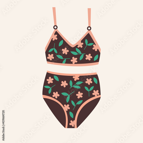  women's underwears and swimsuits of different styles, cuts, colors, sizes. Women's clothing store. Vector flat illustration in cartoon style.