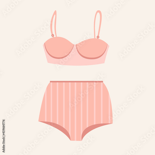  women's underwears and swimsuits of different styles, cuts, colors, sizes. Women's clothing store. Vector flat illustration in cartoon style.