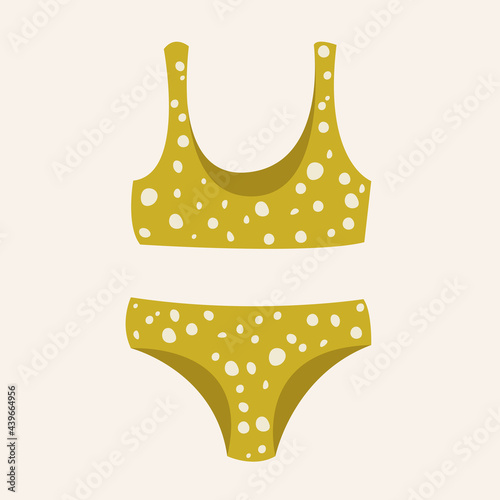  women's underwears and swimsuits of different styles, cuts, colors, sizes. Women's clothing store. Vector flat illustration in cartoon style.