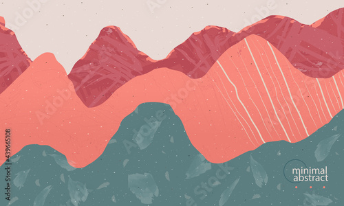 Abstract and minimal background with textured grunge mountains waves and grain pattern in bright colors with coral pink and punch, turquoise and beige. For ads, posters, banners, landing pages...