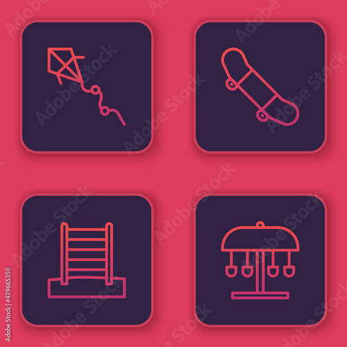 Set line Kite, Swedish wall, Skateboard trick and Attraction carousel. Blue square button. Vector