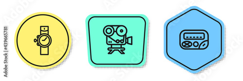 Set line Wrist watch, Retro cinema camera and Pager. Colored shapes. Vector