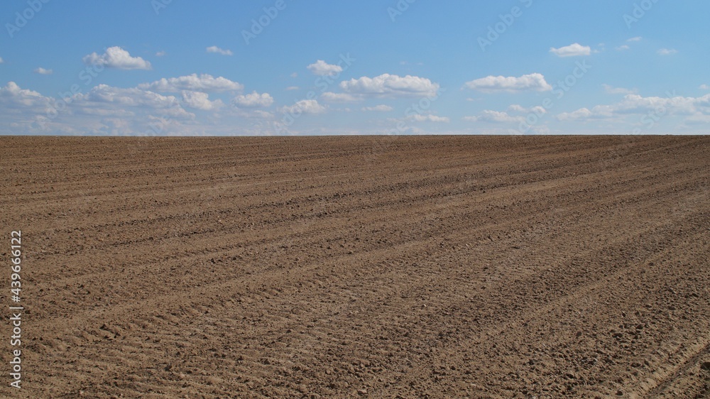 brown plowed farmland under the blue sky with white clouds 