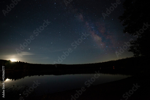Rising moon and Milky Way stars over a calm lake in the forest
