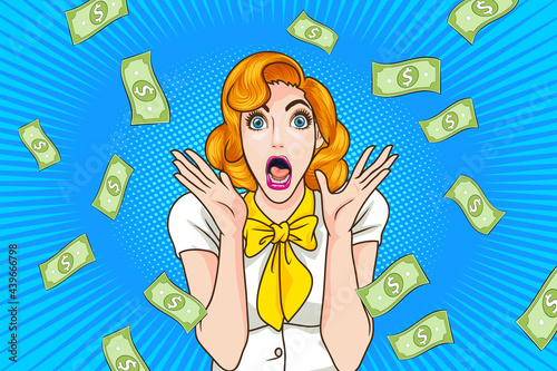 shocking woman hand up surprised with Falling Down Money
