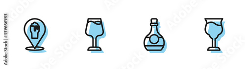 Set line Bottle of cognac or brandy, Alcohol beer bar location, Wine glass and icon. Vector
