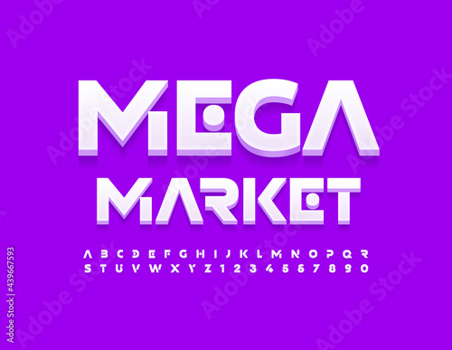 Vector modern emblem Mega Market. White techno Font. Cosmic style Alphabet Letters and Numbers