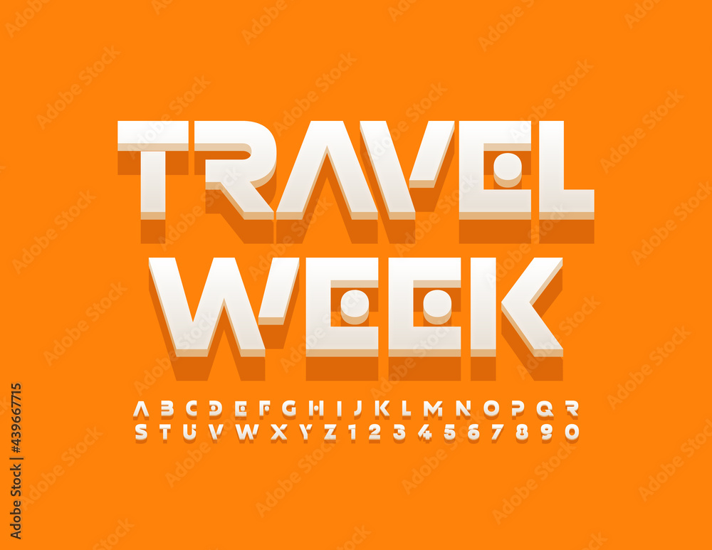 Vector modern banner Travel Week. Creative White Alphabet Letters and Numbers. Abstract futuristic Font