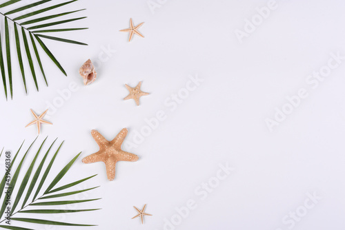 Beach accessories: glasses and hat with shells and sea stars on a white background