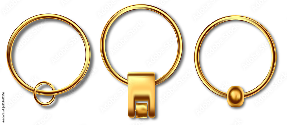 Keychains set keyring holders isolated on white background. Gold colored accessories or souvenir pendants mockup.Reallistic keychain template set. Keychains set keyring holders isolated on white background. Gold colored accessories or souvenir pendants mockup.Reallistic keychain template set.