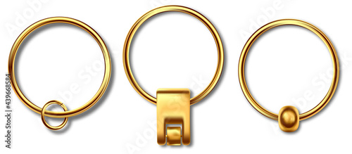 Keychains set keyring holders isolated on white background. Gold colored accessories or souvenir pendants mockup.Reallistic keychain template set.