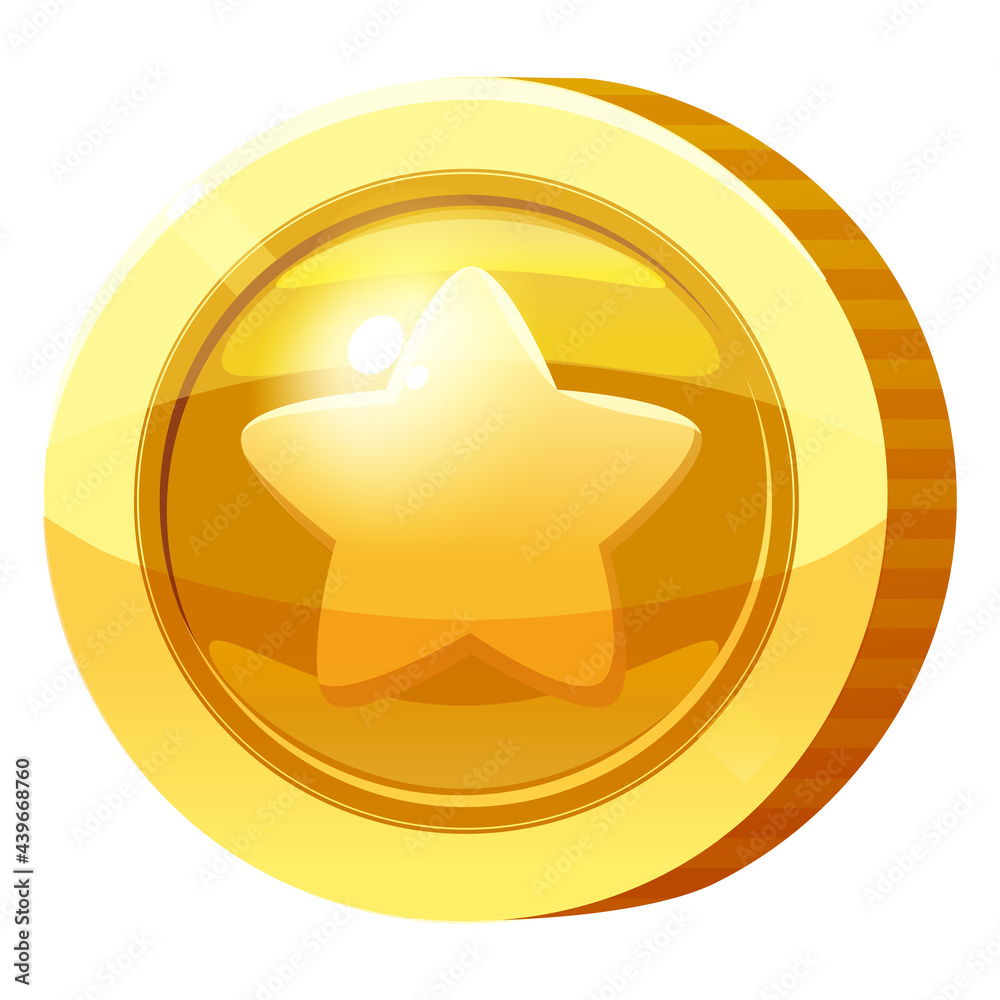 Gold Medal Coin Star symbol. Golden token for games, user interface asset element. Vector illustration Gold Medal Coin Star symbol. Golden token for games, user interface asset element. Vector illustration