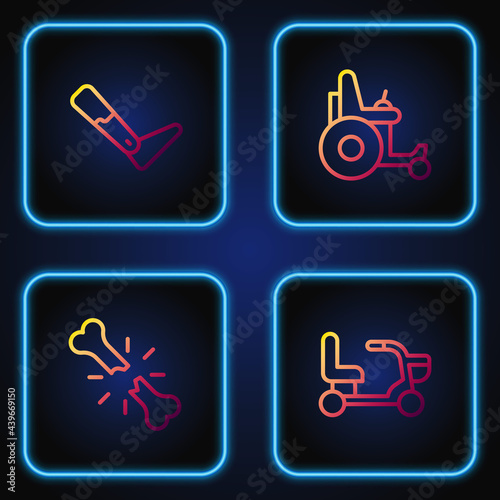 Set line Electric wheelchair, Human broken bone, Prosthesis leg and . Gradient color icons. Vector