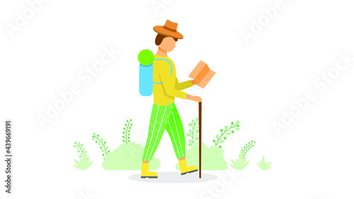 Abstract Flat Man Walk With Map Cartoon People Character Concept Illustration Vector Design Style With Leaves Bush Tourist Tour Traveler Hiking Adventure
