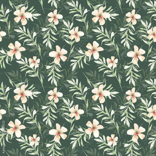 seamless pattern with green leaves and pink flowers  illustration watercolor hand painted on green background