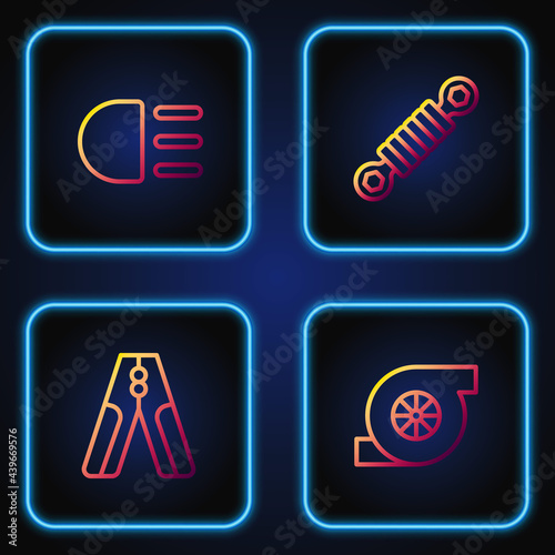 Set line Automotive turbocharger, Car battery jumper power cable, High beam and Shock absorber. Gradient color icons. Vector