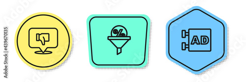 Set line Dislike in speech bubble, Lead management and Advertising. Colored shapes. Vector