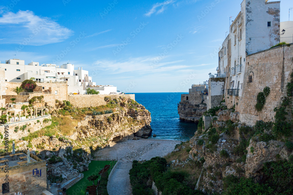 Aerial view of a sunset of Polignano by sea in Bari. A village by the sea in Puglia. Wonderful landscape