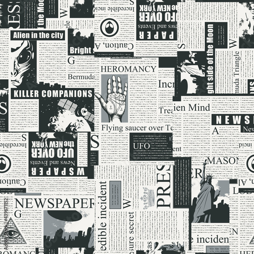 Black and white seamless pattern with a collage of newspaper clippings. Abstract background with unreadable text, titles and illustrations. Wallpaper, wrapping paper or fabric design in retro style