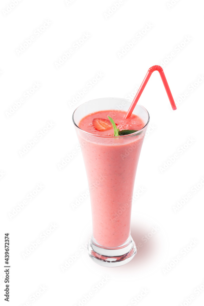 Fresh strawberry milkshake decorated with berries and mint on a white isolated background, the concept of a healthy breakfast, diet and good nutrition. Fresh strawberry milkshake decorated with berries and mint on a white isolated background, the concept of a healthy breakfast, diet and good nutrition.