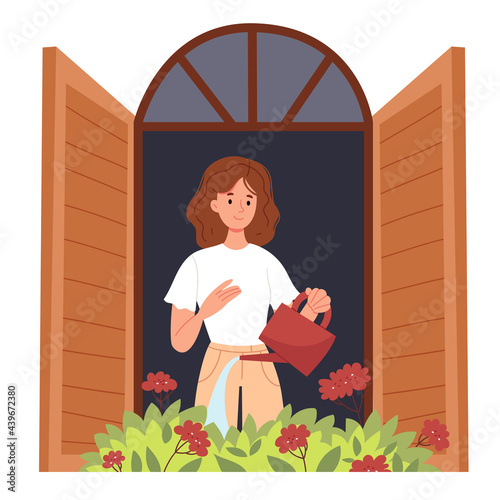 Curly girl stands on the balcony and waters the flowers with a red watering can. Garden on the balcony. Geranium. Flat illustration in pastel colors.