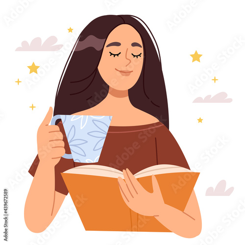 Beautiful brunette girl dreams while reading a book. Romantic picture. Girl with a cup of coffee or tea in the reflection.Stars and clouds around.Simple Hand drawn illustration.