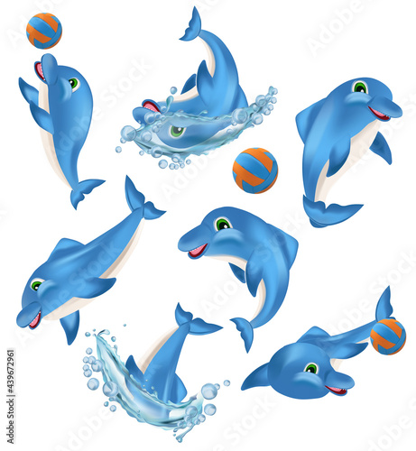 Funny Dolphin on different pose. Cute Dolphin cartoon character. Sea creature icon. Vector illustration.