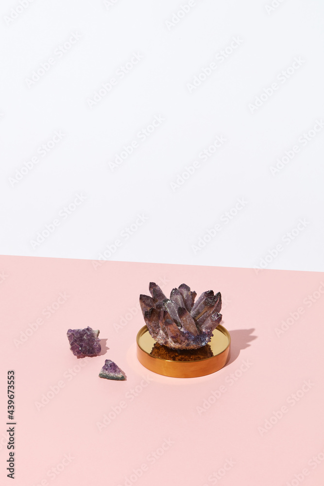 Healing magic amethyst crystals on stand Healing magic amethyst crystals on stand