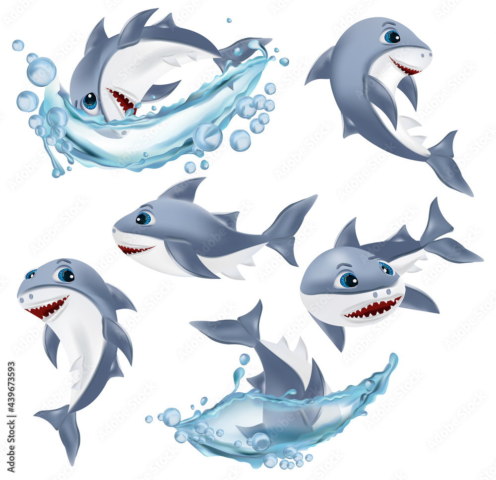Shark on different pose. Cute shark cartoon character. Shark with open mouth. Sea creature icon. Vector illustration. Shark on different pose. Cute shark cartoon character. Shark with open mouth. Sea creature icon. Vector illustration.