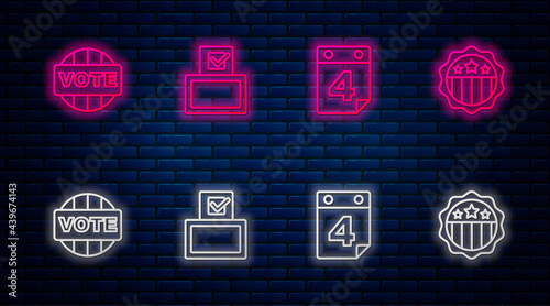 Set line Vote box, Calendar with date July 4, and USA Independence day. Glowing neon icon on brick wall. Vector