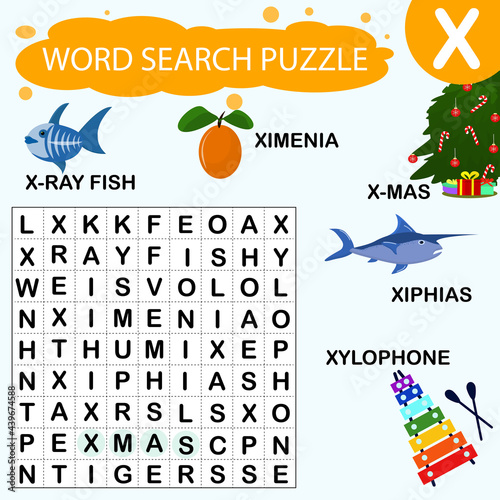 Vector educational game for kids. A puzzle for finding words starting with the letter X