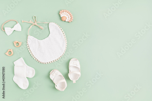 Fotótapéta Mockup of empty frame with white baby accessories