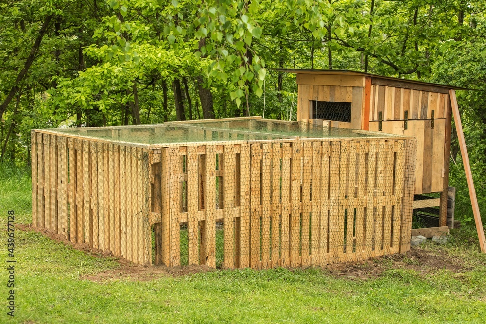 Henhouse built of wooden pallets. A small chicken coop by the forest. Hen breeding. Small farm.