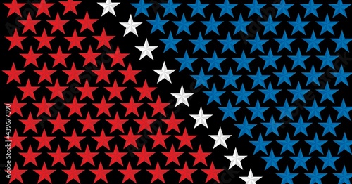 Composition of grouped diagonal lines of red, blue and white stars on black background