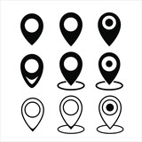 Set black icons of simple forms of point of location. Map pin icon vector, filled flat sign isolated on white. Location point symbol, logo illustration.