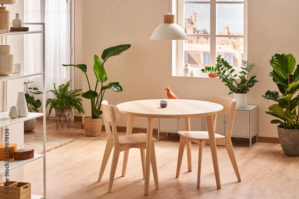 Minimalist table with chairs in modern apartment decorated with exotic houseplants Minimalist table with chairs in modern apartment decorated with exotic houseplants