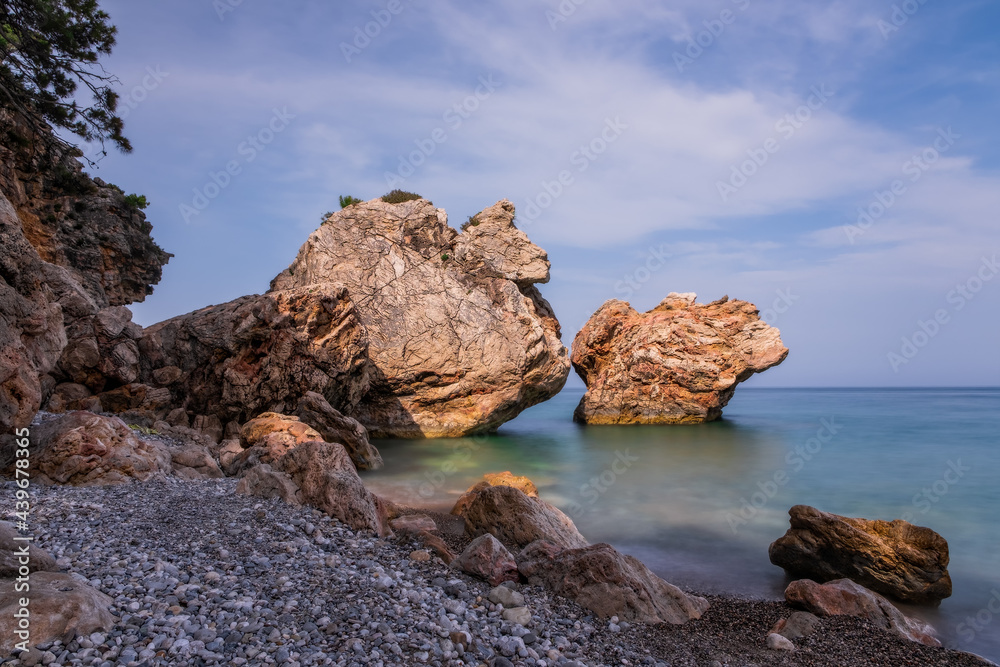 Sea beach in Beldibi and the rocks. Turkey, Kemer region, may 2021