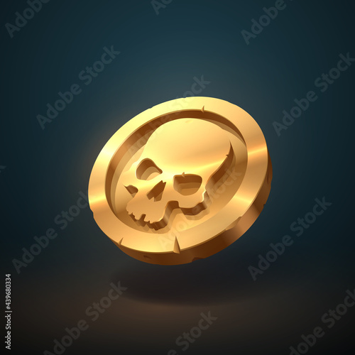 Golden skull coin with glow and shadow effect