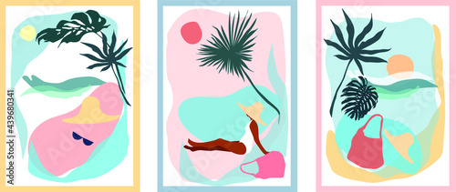 A modern portrait of an abstract painting of a girl in a hat on the beach . Collection of contemporary art posters.Abstract elements of beach paraphernalia, sun beach, vegetation, sea.