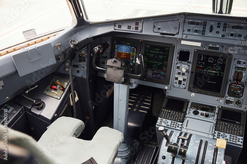 Pilot cabin in modern passenger airplane jet