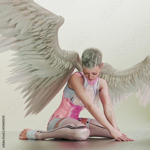 Futuristic scfi angel on ground with feather wings photo