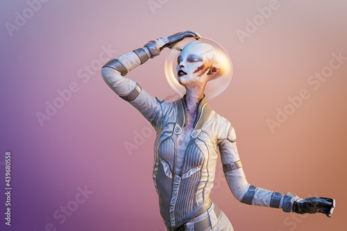 Alien woman with spacesuit and glass helmet