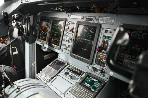 Pilot cabin interior of passenger airplane jet
