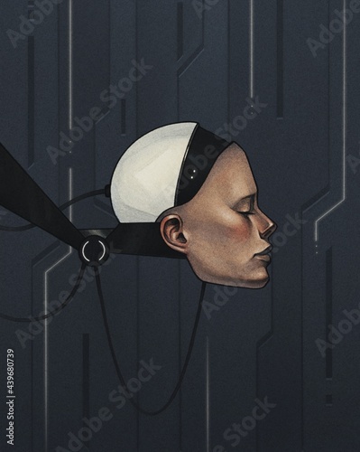 cyborg head with mechanism in profile on futuristic background photo